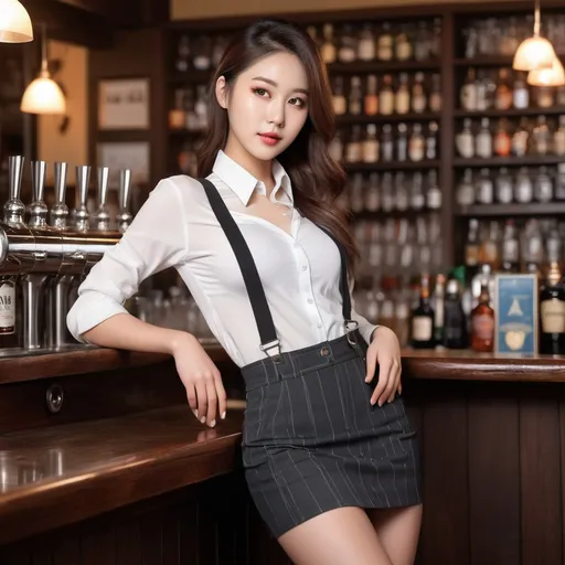 Prompt: bartender, in the pub, Dazzlingly beautiful girl, Pure appearance, 
She is wearing a skirt with suspenders and is leaning her head forward. 
One strap of suspenders came loose.
full body shot, Heel boots.
AI defined exquisitely beautiful, totally ultra realistic young adult Korean, gorgeously detailed facial features, perfect body proportions, ultra pale, ultra glamorous, perfect shading, impeccable contrast, HDR, UHD, high res, 64k