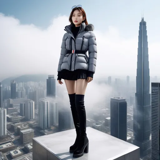 Prompt: korean Moncler clothing model in advertisement, knee-high boots
She stands on top of a skyscraper and looks out over the city.
Sunny weather,

Full body shot, hyper detailed, ultra realistic, highly detailed, surreal heavy mist, AI defined exquisitely beautiful, totally ultra realistic young adult Korean, gorgeously detailed facial features, sumptuous cleavage, perfect body proportions, ultra pale, ultra glamorous, perfect shading, impeccable contrast, HDR, UHD, high res, 64k