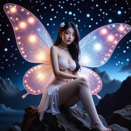 Prompt: fantastic fantasy art, young korean woman with gigantic colourful semi-transparent fairy wings, tight pearly outfit (short skirt, crop-top, belly-baring, decollete), sitting on a rock with spreded wide open legs, arms casually resting on her knees, beaded white decorated stockings, chubby thighs, dark night with a magnificent starry sky in the background, hard spotlight lighting giving the picture a certain drama.
AI defined exquisitely beautiful, totally ultra realistic young adult Korean, gorgeously detailed facial features, sumptuous cleavage, perfect body proportions, ultra pale, ultra glamorous, perfect shading, impeccable contrast, HDR, UHD, high res, 64k