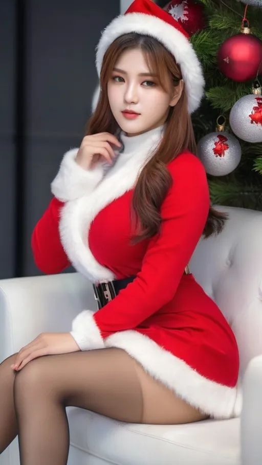 Prompt: full body photoshoot, cute, christmas outfit, kpop IDOL, full body, heel boots, knee socks, side view, 
AI defined exquisitely beautiful, totally ultra realistic young adult Korean, gorgeously detailed facial features, sumptuous cleavage, perfect body proportions, ultra pale, ultra glamorous, perfect shading, impeccable contrast, HDR, UHD, high res, 64k