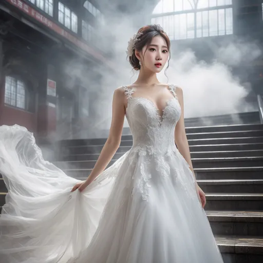 Prompt: splash art, hyper detailed, ultra realistic, highly detailed, surreal heavy mist, AI defined exquisitely beautiful, totally ultra realistic young adult Korean, gorgeously detailed facial features, sumptuous cleavage, perfect body proportions, ultra pale, ultra glamorous bride, walking in a train station, Climbing the stairs to catch the train, 

HDR, UHD, high res, 64k, cinematic lighting, special effects, hd octaneArtgerm