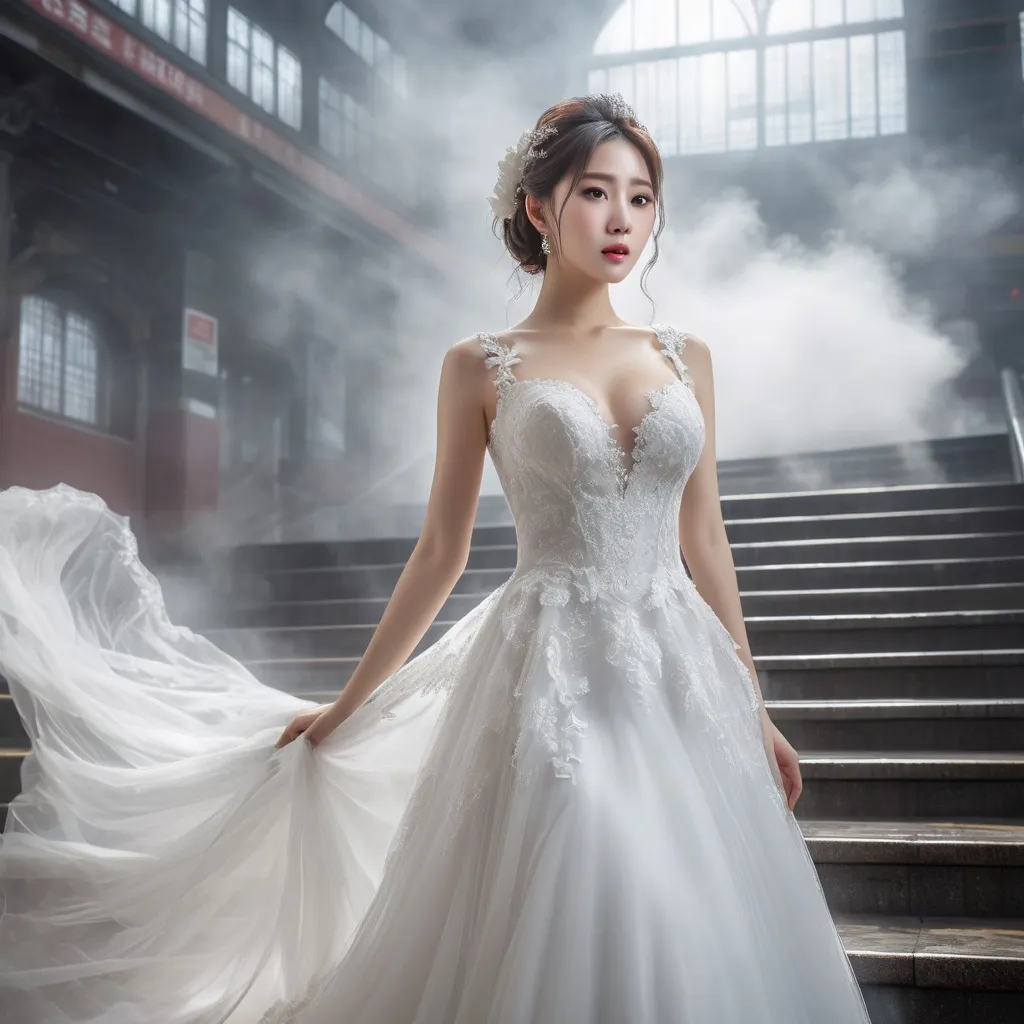 Prompt: splash art, hyper detailed, ultra realistic, highly detailed, surreal heavy mist, AI defined exquisitely beautiful, totally ultra realistic young adult Korean, gorgeously detailed facial features, sumptuous cleavage, perfect body proportions, ultra pale, ultra glamorous bride, walking in a train station, Climbing the stairs to catch the train, 

HDR, UHD, high res, 64k, cinematic lighting, special effects, hd octaneArtgerm