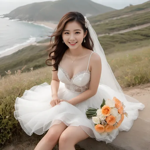 Prompt: Cute and glamorous 20-something Korean woman, very beautiful, baby face
Photoshoot wearing see-through mini wedding dress, garter belt, and high heels
Smiling expression
Outfit that emphasizes glamorous body
Clothing is a bit small
Chest sticks out
Holding a small bouquet in one hand.
Photoshoot on a windy seaside hill.
Skirt and veil blowing in the wind
Sitting on a bench with legs slightly spread
Thighs visible
Wearing a garter belt
splash art, hyper detailed, ultra realistic, highly detailed, surreal heavy mist, AI defined exquisitely beautiful, totally ultra realistic young adult Korean, gorgeously detailed facial features, sumptuous cleavage, perfect body proportions, ultra pale, ultra glamorous, perfect shading, impeccable contrast, HDR, UHD, high res, 64k