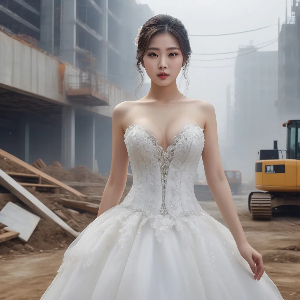 Prompt: splash art, hyper detailed, ultra realistic, highly detailed, surreal heavy mist, AI defined exquisitely beautiful, totally ultra realistic young adult Korean, gorgeously detailed facial features, sumptuous cleavage, perfect body proportions, ultra pale, ultra glamorous bride, walking in a Construction site, 

HDR, UHD, high res, 64k, cinematic lighting, special effects, hd octaneArtgerm