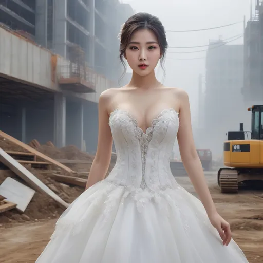 Prompt: splash art, hyper detailed, ultra realistic, highly detailed, surreal heavy mist, AI defined exquisitely beautiful, totally ultra realistic young adult Korean, gorgeously detailed facial features, sumptuous cleavage, perfect body proportions, ultra pale, ultra glamorous bride, walking in a Construction site, 

HDR, UHD, high res, 64k, cinematic lighting, special effects, hd octaneArtgerm