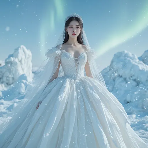 Prompt: (A full body image)A young, beautiful Northeast Asia woman wearing A beautiful winter bridal gown designed for cold weather. Taking a bridal photoshoot in the snowy Arctic with the Northern Lights in the background.
hyper detailed, ultra realistic, highly detailed, AI defined exquisitely beautiful, totally ultra realistic young adult Korean, gorgeously detailed facial features, sumptuous cleavage, perfect body proportions, ultra pale, ultra glamorous, perfect shading, impeccable contrast, HDR, UHD, high res, 64k