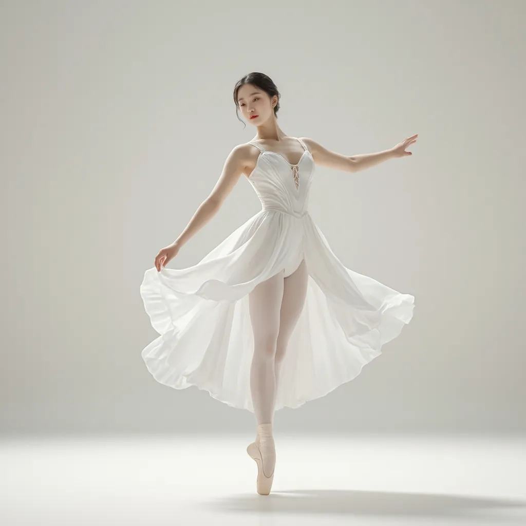 Prompt: Full body of a woman dancing, 
a woman in a white dress is dancing on a dance floor with a light background and a spotlight in the background, Chen Jiru, arabesque, elegant pose, a marble sculpture, A ballet move where you jump with your legs apart, 
AI defined exquisitely beautiful, totally ultra realistic young Korean, gorgeously detailed facial features, sumptuous cleavage, perfect body proportions, ultra pale, ultra glamorous, perfect shading, impeccable contrast, HDR, UHD, high res, 64k