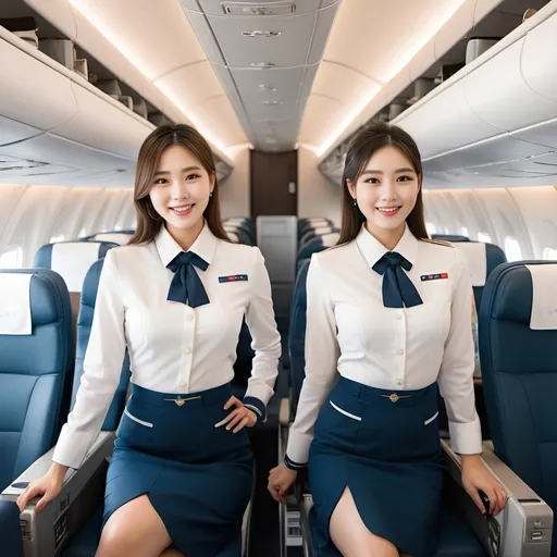 Prompt: Inside an airplane's first-class cabin ready for takeoff, featuring three cute and glamorous Korean flight attendants in their 20s with huge chests, wearing high-quality, stylish uniforms with knee-high socks. They are smiling brightly. The interior of the airplane's first-class cabin is modern and well-lit, with luxurious seating and overhead compartments. The flight attendants are creating a welcoming atmosphere.
totally ultra realistic young adult Korean, gorgeously detailed facial features, sumptuous cleavage, perfect body proportions, ultra pale, ultra glamorous, perfect shading, impeccable contrast, HDR, UHD, high res, 64k