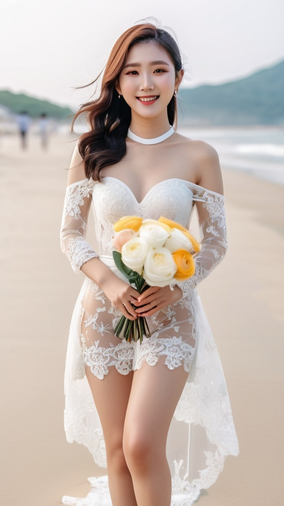 Prompt: Cute and glamorous 20-something Korean woman
Photoshoot wearing see-through mini wedding dress, garter belt, and high heels
Smiling expression
Outfit that emphasizes glamorous body
Clothing is a bit small
huge Chest sticks out
Holding a small bouquet in one hand.
A dazzlingly beautiful Korean woman in her 20s taking off her wedding dress on the beach
Thighs visible
Wearing a garter belt
splash art, hyper detailed, ultra realistic, highly detailed, surreal heavy mist, AI defined exquisitely beautiful, totally ultra realistic young adult Korean, gorgeously detailed facial features, sumptuous cleavage, perfect body proportions, ultra pale, ultra glamorous, perfect shading, impeccable contrast, HDR, UHD, high res, 64k