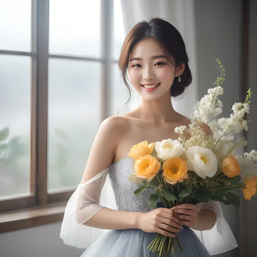 Prompt: A beautiful Korean woman in her 20s holding flowers and smiling brightly in a well-lit studio with large windows
natural lighting, splash art, hyper detailed, ultra realistic, highly detailed, surreal heavy mist, AI defined exquisitely beautiful, totally ultra realistic young adult Korean, gorgeously detailed facial features, sumptuous cleavage, perfect body proportions, ultra pale, ultra glamorous, perfect shading, impeccable contrast, HDR, UHD, high res, 64k