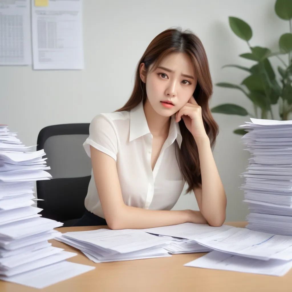 Prompt: In the hot summer, a woman in an office wears a short-sleeved blouse, a miniskirt, and ankle boots.
There are piles of paperwork at her desk.
A stressed expression, 
She has a headache, 
her face is grimacing, and she touches her head with her hands.

AI defined exquisitely beautiful, totally ultra realistic young adult Korean, gorgeously detailed facial features,  perfect body proportions, ultra pale, ultra glamorous, perfect shading, impeccable contrast, HDR, UHD, high res, 64k