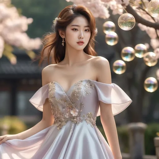 Prompt: korean woman, Prosecco dress, (sparkling elegance), voluminous silk fabric, glistening bubbles embedded, (feminine silhouette), romantic flow, soft pastel colors with golden highlights, shimmering under gentle light, (high fashion), luxurious atmosphere, celebratory mood, whimsical elegance, surrounded by a stylish garden setting, ultra-detailed, 4K quality.
AI defined exquisitely beautiful, totally ultra realistic young adult Korean, gorgeously detailed facial features, perfect body proportions, ultra pale, ultra glamorous girl, Full body photo, no shoes, HDR, UHD, high res, 64k, cinematic lighting, special effects, hd octaneArtgerm