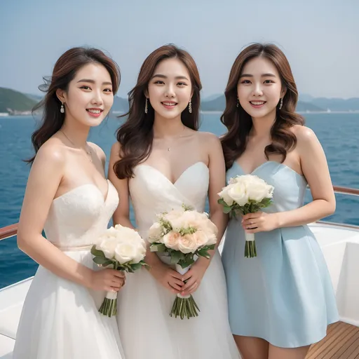 Prompt: A professional photograph of three glamorous and beautiful Korean friends in their 20s with slim bodies and chubby thighs, taking wedding photos on a yacht with a refreshing breeze, blue ocean, and sky in the background. They are standing side by side, smiling broadly. All three women have large chests, highlighting these features prominently. One woman, the bride, is wearing a swimwear-style mini wedding dress with a veil and gathered belt. The other two women are wearing swimwear-style mini dresses with knee-high socks. All three women have cute and attractive facial features and are smiling brightly. The scene is lively and joyful with the wind adding a dynamic touch to their outfits and the yacht creating an elegant atmosphere.