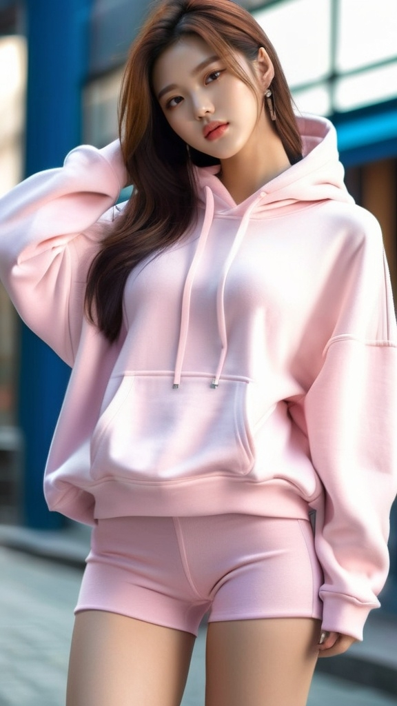 Prompt: No bottoms, 
oversized hoodie that reaches down to the knees, 
Outfit that emphasizes her glamorous body, full body, huge chest. AI defined exquisitely beautiful, totally ultra realistic young adult Korean, gorgeously detailed facial features, perfect body proportions, ultra pale, ultra glamorous, perfect shading, impeccable contrast, HDR, UHD, high res, 64k