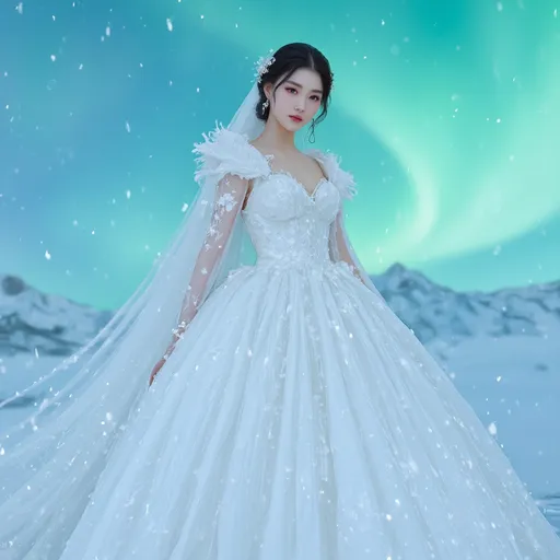 Prompt: (A full body image)A young, beautiful Northeast Asia woman wearing A beautiful winter bridal gown designed for cold weather. Taking a bridal photoshoot in the snowy Arctic with the Northern Lights in the background.
hyper detailed, ultra realistic, highly detailed, AI defined exquisitely beautiful, totally ultra realistic young adult Korean, gorgeously detailed facial features, sumptuous cleavage, perfect body proportions, ultra pale, ultra glamorous, perfect shading, impeccable contrast, HDR, UHD, high res, 64k