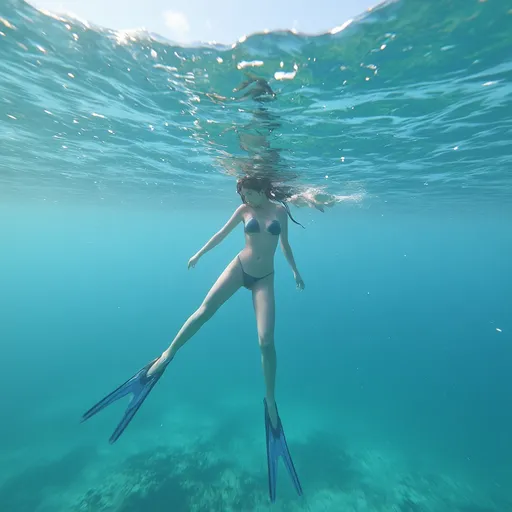 Prompt: A Korean woman in her 20s wearing a bikini and flippers and swimming in the ocean, 
a dragon passes by the woman as she swims.
long hair, Beautiful underwater world, Snorkeling, solo, summer\(season\), sea, pure appearance, pale skin, full bosy shot, Dynamic photos, fantastic photos, Professional photo, 
totally ultra realistic young adult Korean, gorgeously detailed facial features, sumptuous cleavage, perfect body proportions, ultra pale, ultra glamorous, perfect shading, impeccable contrast, HDR, UHD, high res, 64k