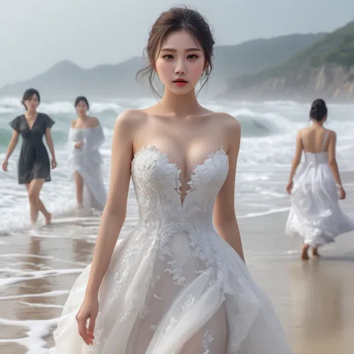 Prompt: splash art, hyper detailed, ultra realistic, highly detailed, surreal heavy mist, AI defined exquisitely beautiful, totally ultra realistic young adult Korean, gorgeously detailed facial features, sumptuous cleavage, perfect body proportions, ultra pale, ultra glamorous bride, walking in a crowded beach, wet dress, 

HDR, UHD, high res, 64k, cinematic lighting, special effects, hd octaneArtgerm