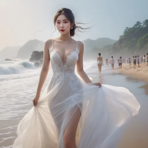 Prompt: splash art, hyper detailed, ultra realistic, highly detailed, surreal heavy mist, AI defined exquisitely beautiful, totally ultra realistic young adult Korean, gorgeously detailed facial features, sumptuous cleavage, perfect body proportions, ultra pale, ultra glamorous bride, walking in a crowded beach, wet dress, 

HDR, UHD, high res, 64k, cinematic lighting, special effects, hd octaneArtgerm