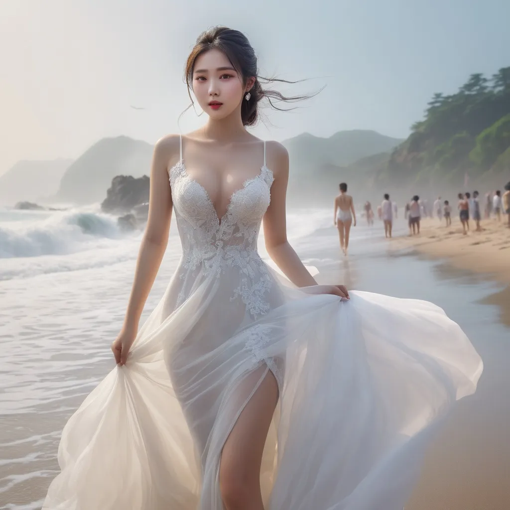 Prompt: splash art, hyper detailed, ultra realistic, highly detailed, surreal heavy mist, AI defined exquisitely beautiful, totally ultra realistic young adult Korean, gorgeously detailed facial features, sumptuous cleavage, perfect body proportions, ultra pale, ultra glamorous bride, walking in a crowded beach, wet dress, 

HDR, UHD, high res, 64k, cinematic lighting, special effects, hd octaneArtgerm