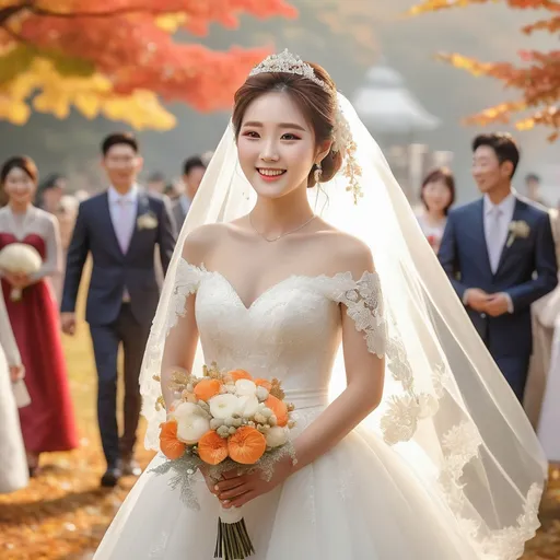 Prompt: A happy Korean bride walking down the aisle at an outdoor wedding venue while receiving congratulations from guests on a sunny autumn day
Cute and glamorous bride, very beautiful, baby face Wearing a stage costume Thighs visible splash art, hyper detailed, ultra realistic, highly detailed, surreal heavy mist, AI defined exquisitely beautiful, totally ultra realistic young adult Korean, gorgeously detailed facial features, sumptuous cleavage, perfect body proportions, ultra pale, ultra glamorous, perfect shading, impeccable contrast, HDR, UHD, high res, 64k