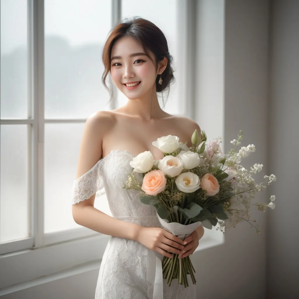 Prompt: A beautiful Korean woman in her 20s holding flowers and smiling brightly in a well-lit studio with large windows
natural lighting, splash art, hyper detailed, ultra realistic, highly detailed, surreal heavy mist, AI defined exquisitely beautiful, totally ultra realistic young adult Korean, gorgeously detailed facial features, sumptuous cleavage, perfect body proportions, ultra pale, ultra glamorous, perfect shading, impeccable contrast, HDR, UHD, high res, 64k