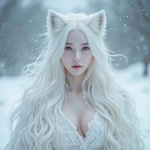 Prompt: Gumiho, human-shaped nine-tailed fox, beautiful appearance, captivating appearance, bewitching expression, dazzlingly beautiful face, pale skin, white hair, white clothes, 
enchanting atmosphere, cold winter day, snow, snow sparkling, 
totally ultra realistic young adult Korean, gorgeously detailed facial features, sumptuous cleavage, perfect body proportions, ultra pale, ultra glamorous, perfect shading, impeccable contrast, HDR, UHD, high res, 64k