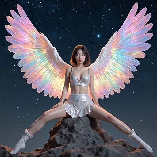 Prompt: fantastic fantasy art, young korean woman with gigantic colourful semi-transparent angel wings, tight pearly outfit (short skirt, crop-top, belly-baring, decollete), sitting on a rock with spreded wide open legs, arms casually resting on her knees, beaded white decorated stockings, chubby thighs, dark night with a magnificent starry sky in the background, hard spotlight lighting giving the picture a certain drama.
AI defined exquisitely beautiful, totally ultra realistic young adult Korean, gorgeously detailed facial features, sumptuous cleavage, perfect body proportions, ultra pale, ultra glamorous, chubby, fat, perfect shading, impeccable contrast, HDR, UHD, high res, 64k