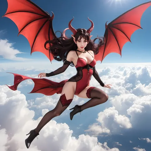 Prompt: A succubus in the form of a woman in her 20s flying in the sky