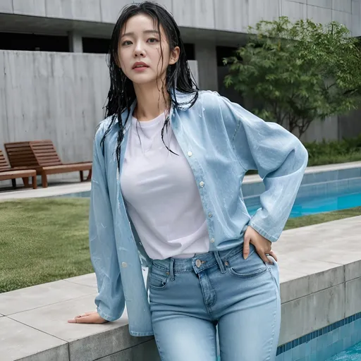 Prompt: drenched korean woman stepping out of pool, wet clothes clinging, fully clothed in long jeans and long sleeved shirt , shining wet, detailed soaked wet fabric texture, high quality, wet and soaked skin, small water droplets dripping from clothes, wet clothes stuck to body, showing body outline, under wear, chubby hip