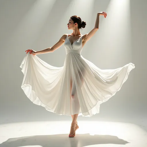 Prompt: Full body of a woman dancing, 
a woman in a white dress is dancing on a dance floor with a light background and a spotlight in the background, Chen Jiru, arabesque, elegant pose, a marble sculpture, 
AI defined exquisitely beautiful, totally ultra realistic young adult Korean, gorgeously detailed facial features, sumptuous cleavage, perfect body proportions, ultra pale, ultra glamorous, perfect shading, impeccable contrast, HDR, UHD, high res, 64k