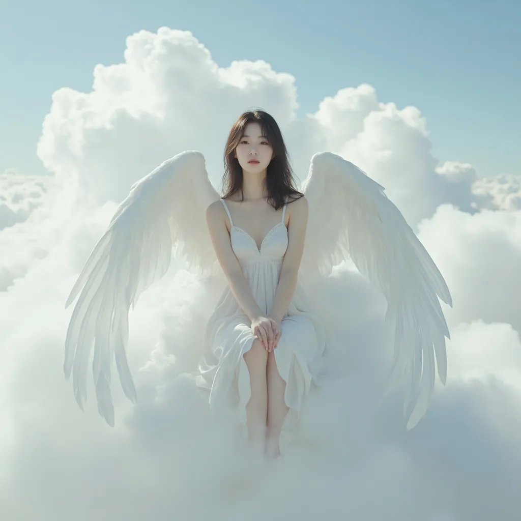 Prompt: A Korean woman angel sitting on a cloud on a sky wearing only a slips, full body, photo, 
visible thighs, hyper detailed, ultra realistic, highly detailed, AI defined exquisitely beautiful, totally ultra realistic young adult Korean, gorgeously detailed facial features, perfect body proportions, ultra pale, ultra glamorous, HDR, UHD, high res, 64k, cinematic lighting, special effects, hd octaneArtgerm