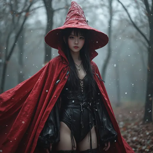 Prompt: Wizard of the Fantasy World, Black innerwear and red cloak, 
pure look, innocent look, pale skin, cute face, baby face, stockings, full body, Get lost in the woods. Snowy weather, 
hyper detailed, ultra realistic, highly detailed, surreal heavy mist, AI defined exquisitely beautiful, totally ultra realistic young adult Korean, gorgeously detailed facial features, sumptuous cleavage, perfect body proportions, ultra pale, ultra glamorous, perfect shading, impeccable contrast, HDR, UHD, high res, 64k