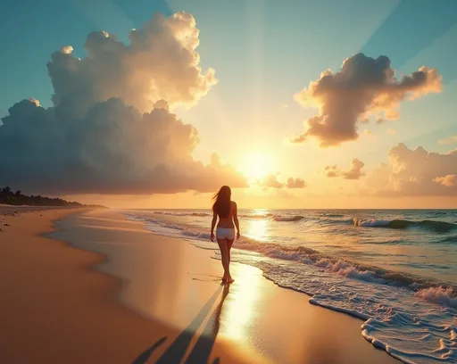 Prompt: walking barefoot on a serene shoreline, beneath a breathtaking sky, exquisite artistic clouds forming an enchanting backdrop, warm sun casting golden hues on the water, tranquil ambiance, gentle waves lapping at the sand, ultra-detailed, cinematic quality, emotionally captivating scene, inviting and dreamy atmosphere.