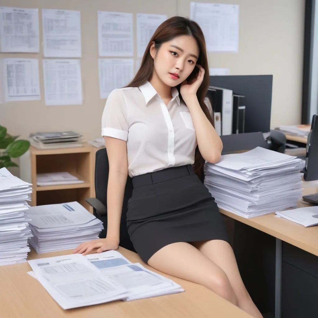 Prompt: In the hot summer, a korean woman in the office is wearing a short-sleeved blouse, a miniskirt, and ankle boots.
There are piles of paperwork at her desk.
A stressed expression, 
She has a headache, 
her face is grimacing, and she touches her head with her hands.
plump hip

AI defined exquisitely beautiful, totally ultra realistic young adult Korean, gorgeously detailed facial features,  sumptuous cleavage, perfect body proportions, ultra pale, ultra glamorous, perfect shading, impeccable contrast, HDR, UHD, high res, 64k