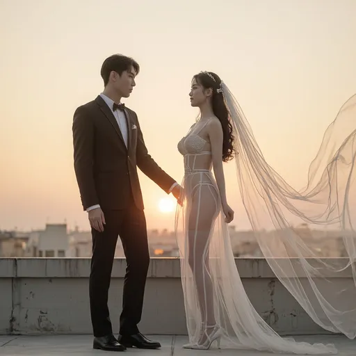 Prompt: Sunset on the rooftop, sunset, warm feeling,
A Korean groom and bride are having their wedding photoshoot on a windy rooftop. 

The groom is holding the bride's hip with one hand.
The groom is wearing a tight-fitting suit.

The bride is wearing a see-through mini wedding dress.
She is wearing stockings, a garter belt, and a veil.
The veil and dress are blowing in the wind.
hyper detailed, ultra realistic, highly detailed, AI defined exquisitely beautiful, totally ultra realistic young adult Korean, gorgeously detailed facial features, perfect body proportions, ultra pale, ultra glamorous, HDR, UHD, high res, 64k, cinematic lighting, special effects, hd octaneArtgerm