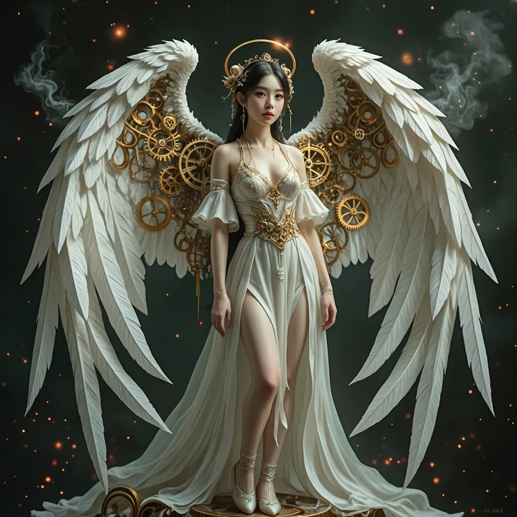 Prompt: (Clockwork angel), intricate mechanical wings, elegant gears intertwined, clockwork clothing and shoes, golden patina, ethereal glow, wisps of steam, serene expression, halo of delicate cogs, set against a dark atmospheric background, faint glimmering lights illuminating, mystical, enchanting, highly detailed, fantasy art style, invoking a sense of wonder, 4K, ultra-detailed.
hyper detailed, ultra realistic, highly detailed, AI defined exquisitely beautiful, totally ultra realistic young adult Korean, gorgeously detailed facial features, sumptuous cleavage, perfect body proportions, ultra pale, ultra glamorous, perfect shading, impeccable contrast, HDR, UHD, high res, 64k