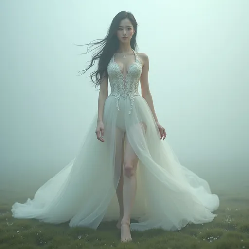 Prompt: full body shot, splash art, hyper detailed, ultra realistic, highly detailed, surreal heavy mist, AI defined exquisitely beautiful, totally ultra realistic young adult Korean, gorgeously detailed facial features, sumptuous cleavage, perfect body proportions, ultra pale, ultra glamorous bride, walking in a swirling fog, micro dress, on the grass, 

perfect shading, impeccable contrast, HDR, UHD, high res, 64k, cinematic lighting, special effects, hd octaneArtgerm, WLOP, dynamic studio quality lighting hyper-detailed, intricately detailed, Splash art, trending on Artstation, triadic colors, Unreal Engine 5 volumetric lighting, unreal engine, octane render.