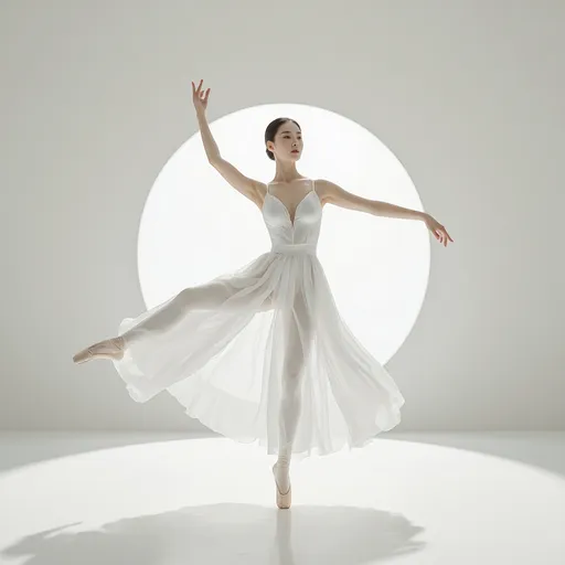 Prompt: Full body of a woman dancing, 
a woman in a white dress is dancing on a dance floor with a light background and a spotlight in the background, Chen Jiru, arabesque, elegant pose, a marble sculpture, A ballet move where you jump with your legs apart, The silhouette of the body is revealed in the light.
AI defined exquisitely beautiful, totally ultra realistic young Korean, gorgeously detailed facial features, sumptuous cleavage, perfect body proportions, ultra pale, ultra glamorous, perfect shading, impeccable contrast, HDR, UHD, high res, 64k