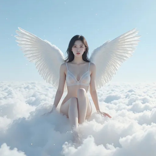 Prompt: A Korean woman angel sitting on a cloud on a sky wearing only a slips, full body, photo, 
visible thighs, hyper detailed, ultra realistic, highly detailed, AI defined exquisitely beautiful, totally ultra realistic young adult Korean, gorgeously detailed facial features, perfect body proportions, ultra pale, ultra glamorous, HDR, UHD, high res, 64k, cinematic lighting, special effects, hd octaneArtgerm