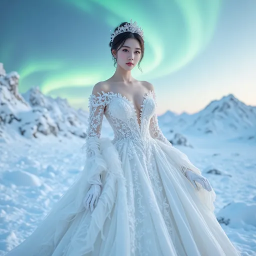 Prompt: (A full body image)A young, beautiful Northeast Asia woman wearing A beautiful winter bridal gown designed for cold weather. Taking a bridal photoshoot in the snowy Arctic with the Northern Lights in the background.
hyper detailed, ultra realistic, highly detailed, AI defined exquisitely beautiful, totally ultra realistic young adult Korean, gorgeously detailed facial features, sumptuous cleavage, perfect body proportions, ultra pale, ultra glamorous, perfect shading, impeccable contrast, HDR, UHD, high res, 64k