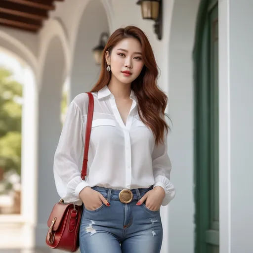 Prompt: Beautiful curvy but trim Korean woman, (gorgeous diamond face), white blouse, torn short denim jeans, light brown cowboy boots, suede fringe shoulder bag, long red-chestnut hair, green eyes, (standing under a modern portico), (sunny day), soft reflections on wet surfaces, moody ambiance, vibrant colors, high detail & quality, 8K, (photorealistic) pro photo, magical atmosphere.