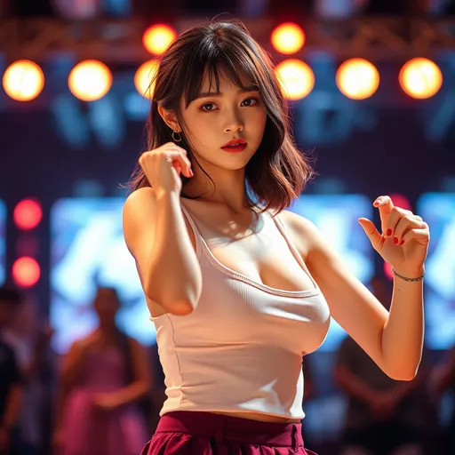 Prompt: A Japanese girl idol is dancing on stage wearing a tank top and a short miniskirt.
AI defined exquisitely beautiful, totally ultra realistic young adult Korean, gorgeously detailed facial features, sumptuous cleavage, perfect body proportions, ultra pale, ultra glamorous, perfect shading, impeccable contrast, HDR, UHD, high res, 64k