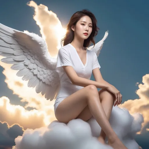 Prompt: A Korean woman angel sitting on a cloud on a sky wearing only a slips, full body, photo, Oily skin, Oiled body, 
visible thighs, hyper detailed, ultra realistic, highly detailed, AI defined exquisitely beautiful, totally ultra realistic young adult Korean, gorgeously detailed facial features, perfect body proportions, ultra pale, ultra glamorous, HDR, UHD, high res, 64k, cinematic lighting, special effects, hd octaneArtgerm