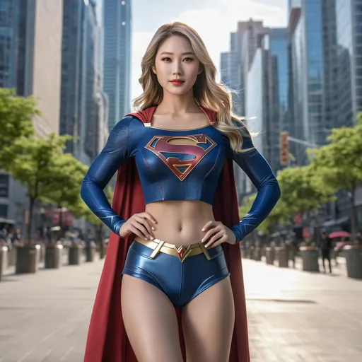 Prompt: Full body shot of Supergirl wearing only a top, in the city
AI defined exquisitely beautiful, totally ultra realistic young adult Korean, gorgeously detailed facial features, sumptuous cleavage, perfect body proportions, ultra pale, ultra glamorous, perfect shading, impeccable contrast, HDR, UHD, high res, 64k