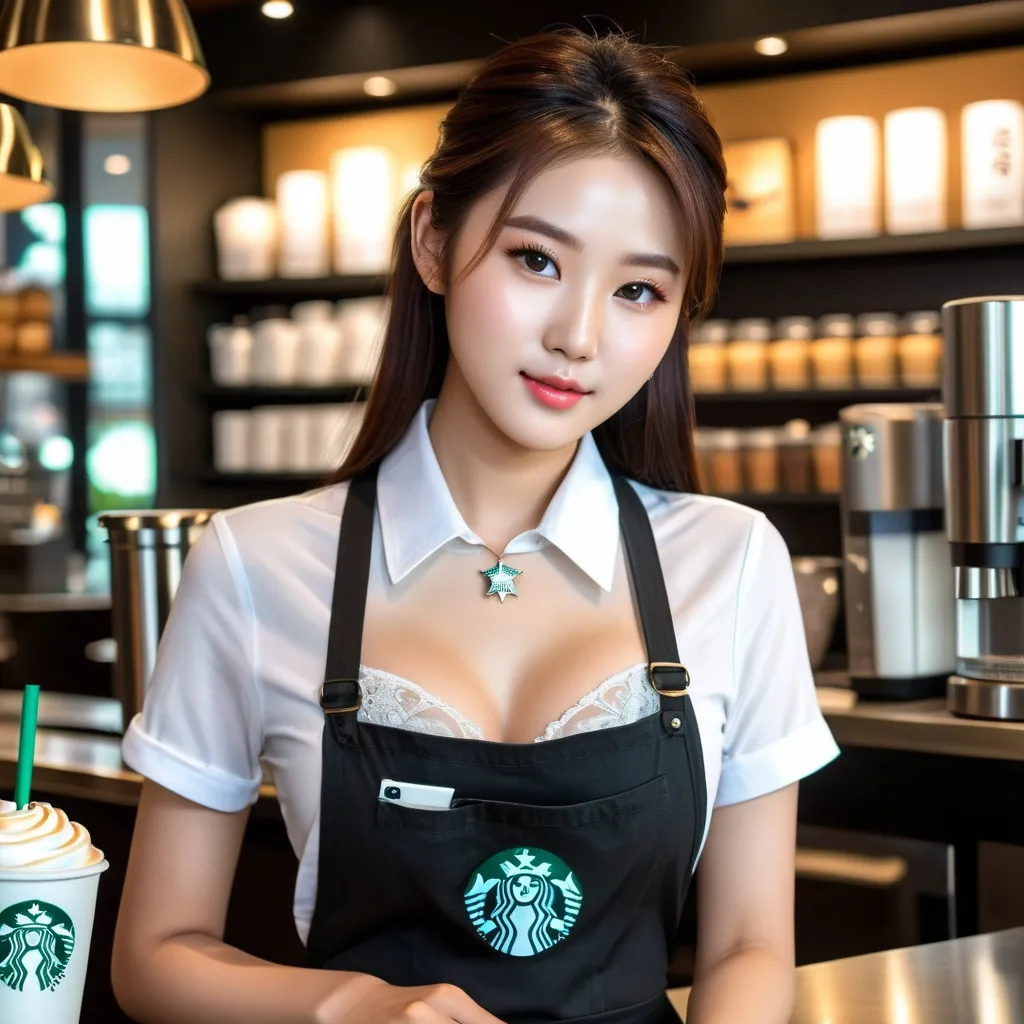 Prompt: Starbucks barista, dazzlingly beautiful face, cute expression, glamorous 20-year-old Korean woman, 
AI defined exquisitely beautiful, totally ultra realistic young adult Korean, gorgeously detailed facial features, sumptuous cleavage, perfect body proportions, ultra pale, ultra glamorous, perfect shading, impeccable contrast, HDR, UHD, high res, 64k