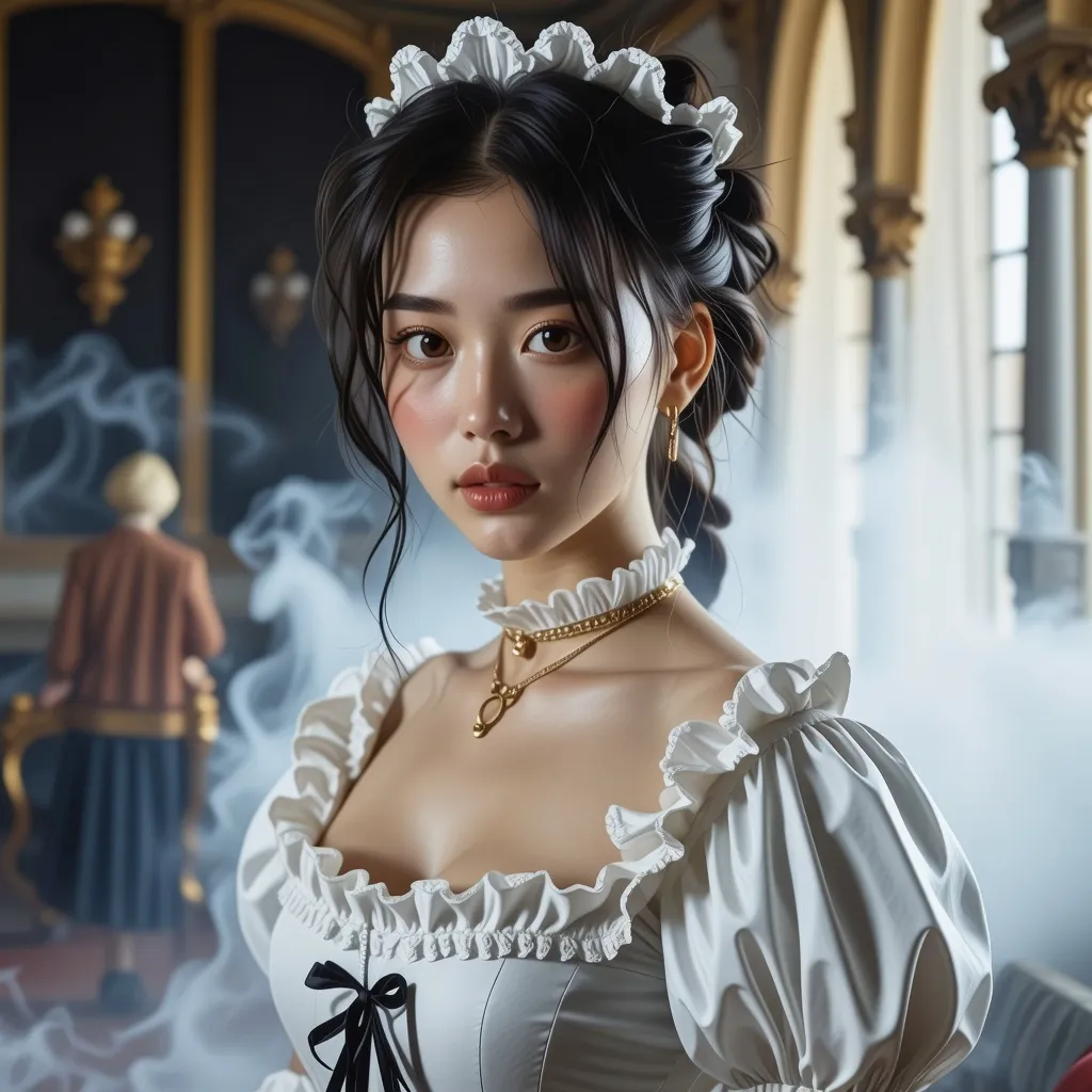 Prompt: splash art, hyper detailed, ultra realistic, highly detailed, surreal heavy mist, AI defined exquisitely beautiful, totally ultra realistic young adult Korean, gorgeously detailed facial features, sumptuous cleavage, perfect body proportions, ultra pale, ultra glamorous, Wearing a French maid outfit in the palace

Perfect studio lighting, perfect shading, impeccable contrast, HDR, UHD, high res, 64k