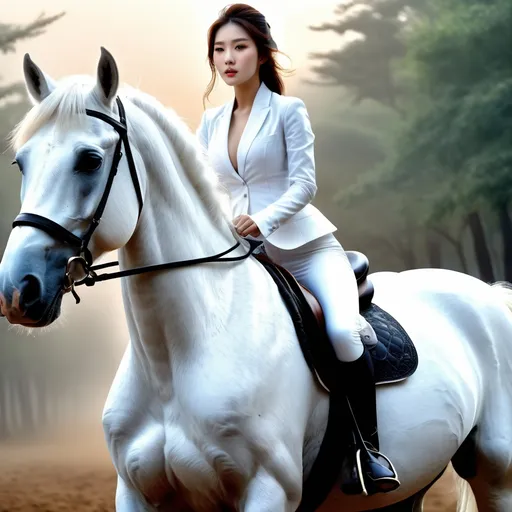 Prompt: Beautiful woman riding a white horse,
hyper detailed, ultra realistic, highly detailed, surreal heavy mist, AI defined exquisitely beautiful, totally ultra realistic young adult Korean, gorgeously detailed facial features, sumptuous cleavage, perfect body proportions, ultra pale, ultra glamorous, perfect shading, impeccable contrast, HDR, UHD, high res, 64k