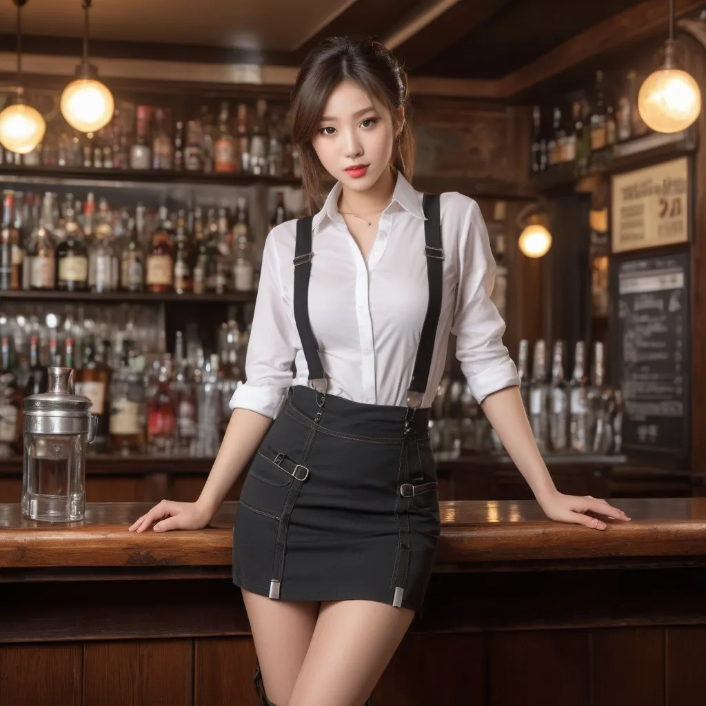 Prompt: bartender, in the pub, Dazzlingly beautiful girl, Pure appearance, 
She is wearing a skirt with suspenders and is leaning her head forward. 
One strap of suspenders came loose.
full body shot, Heel boots.
AI defined exquisitely beautiful, totally ultra realistic young adult Korean, gorgeously detailed facial features, perfect body proportions, ultra pale, ultra glamorous, perfect shading, impeccable contrast, HDR, UHD, high res, 64k