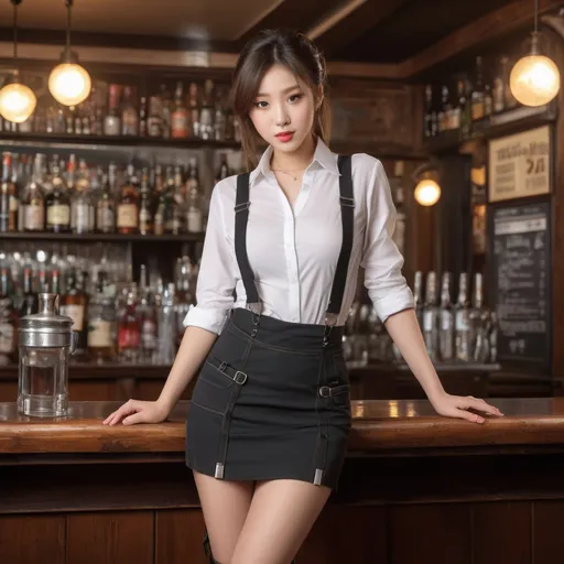 Prompt: bartender, in the pub, Dazzlingly beautiful girl, Pure appearance, 
She is wearing a skirt with suspenders and is leaning her head forward. 
One strap of suspenders came loose.
full body shot, Heel boots.
AI defined exquisitely beautiful, totally ultra realistic young adult Korean, gorgeously detailed facial features, perfect body proportions, ultra pale, ultra glamorous, perfect shading, impeccable contrast, HDR, UHD, high res, 64k