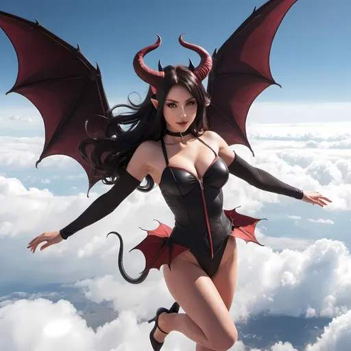 Prompt: A succubus in the form of a woman in her 20s flying in the sky